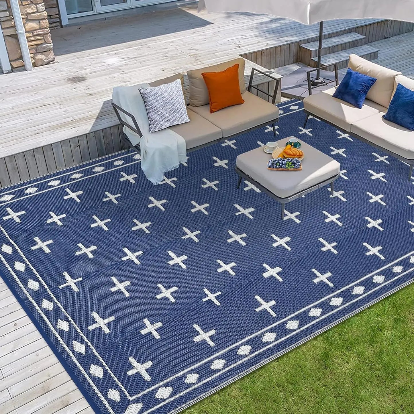 Outdoor Rug, Reversible Waterproof Plastic Straw Patio Mat with Geometric Border Design, Large RV Camping Rug for Deck, Balcony