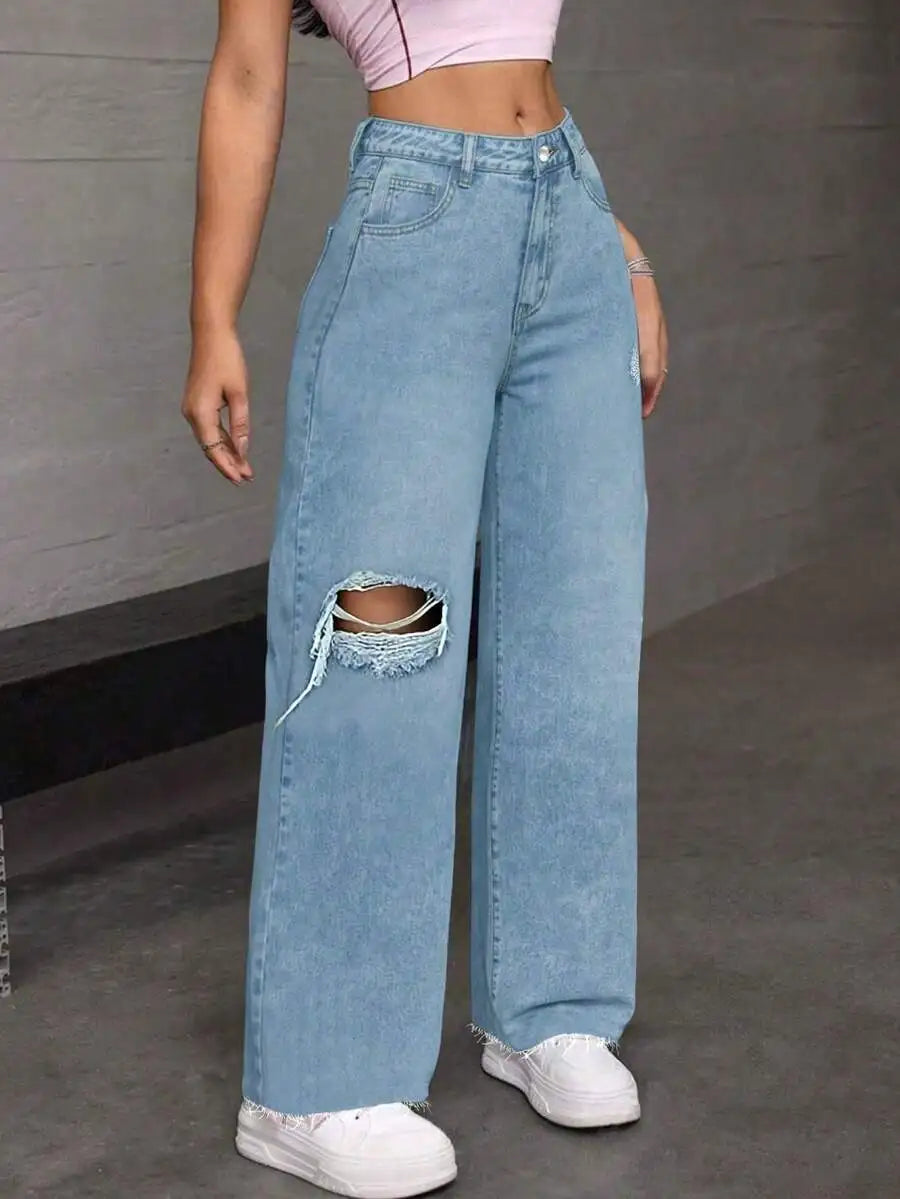 Womens High Waist Ripped Denim Jeans Straight Leg Streetwear