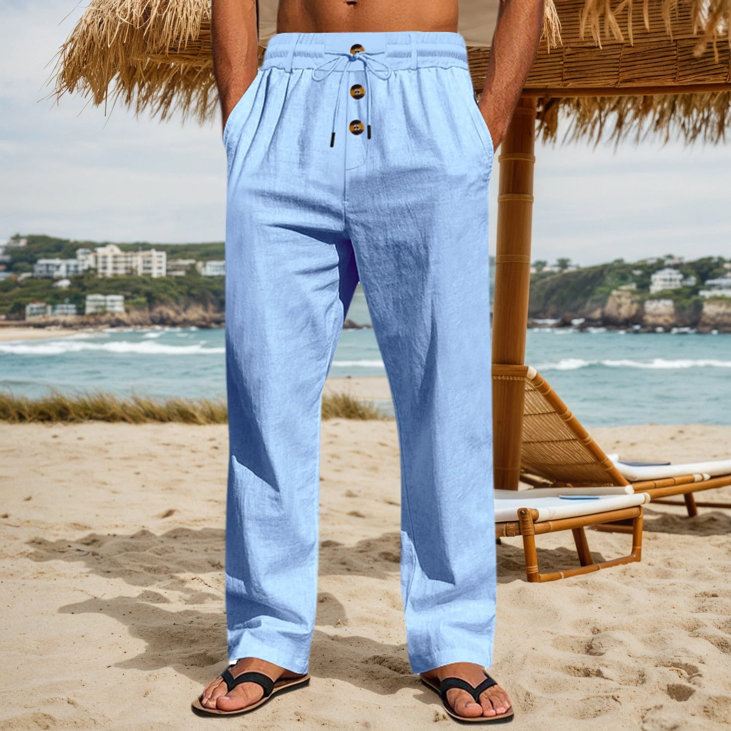 Cotton Mens Loose Straight Leg Pants With Elastic Waist