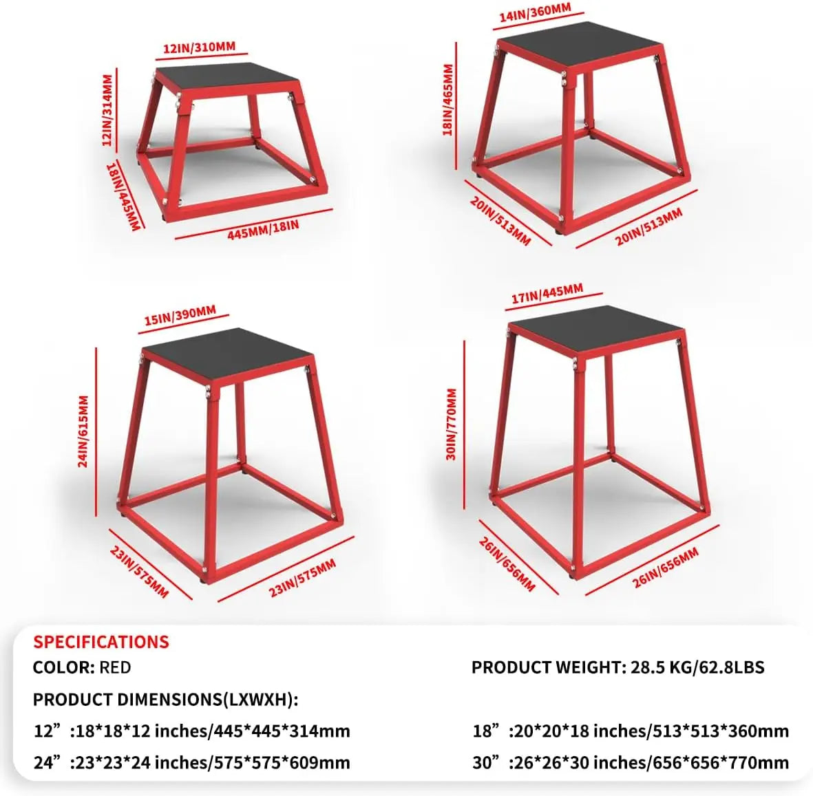 Garvee 12/18 /24 Inch Single Jumping Box Red, Plyo Box Jump Platforms for Men and Women for Home Gym