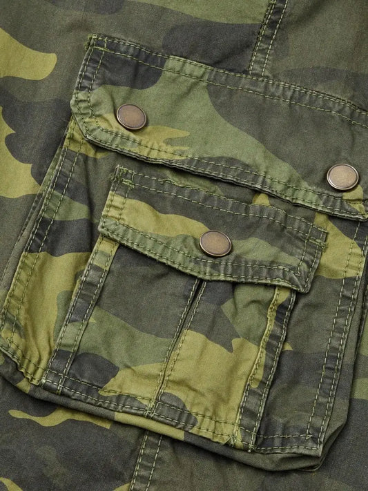 Mens Camo Cargo Shorts Cotton Washed Vintage Outdoor Multi Pockets