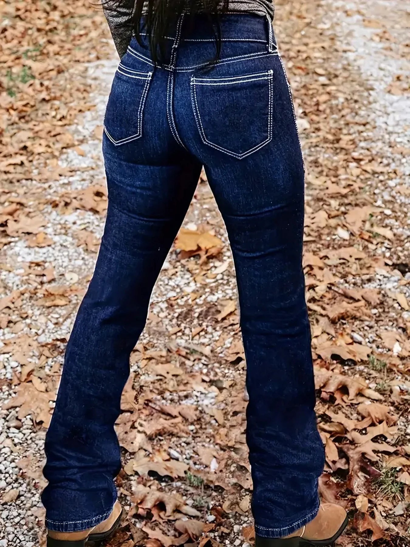 Plus Size Women's Blue Flare Jeans, Double Row Decorative Buttons, Contrast Stitching, Stretchy Denim Pants for Casual Style