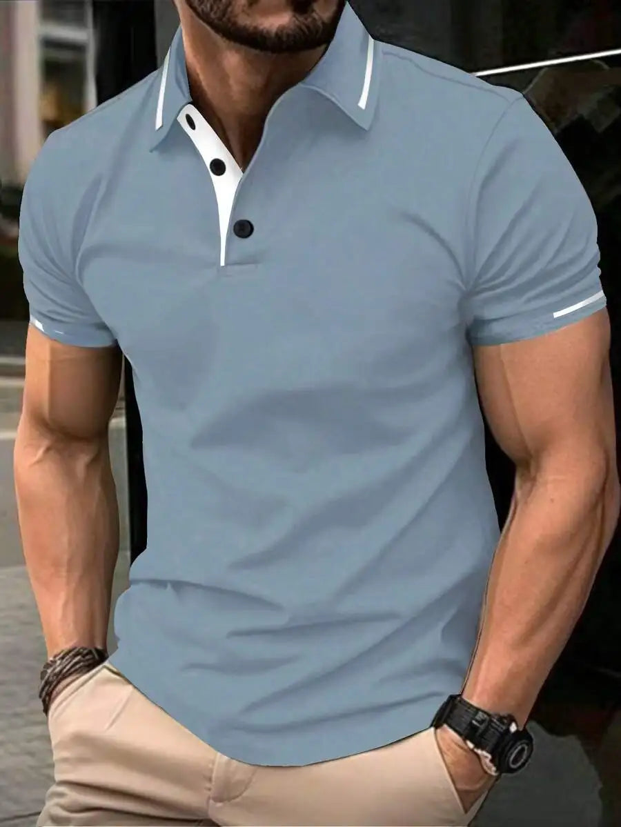 Navy Blue Men's Polo Shirt with Red Trim Collar and Cuffs, Short Sleeve Casual Summer Top
