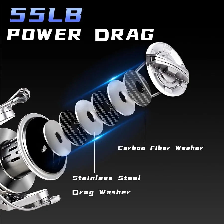 Spinning Reel 8000 10000 12000 Aluminum Frame Surf Fishing Reels Carbon Fiber 55LB Power Drag Heavy Long Casting Inshore Saltwa