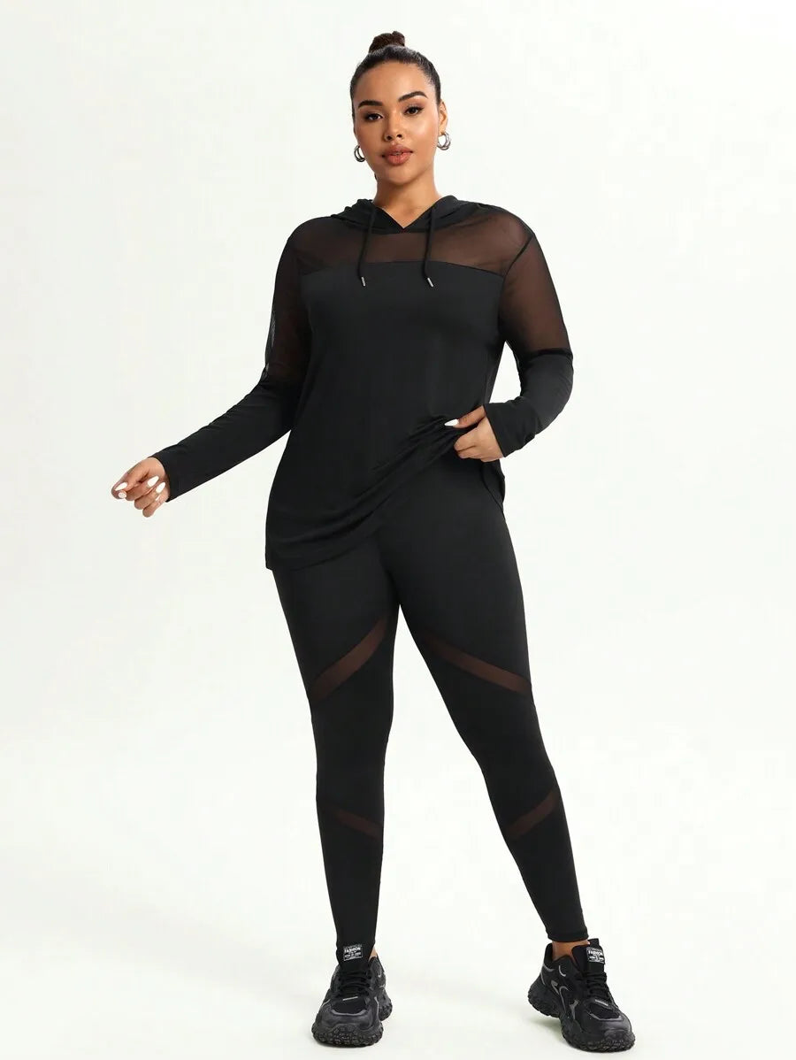 Plus Size Mesh Splice Hooded Sheer Long Sleeve Top And Leggings Activewear Set