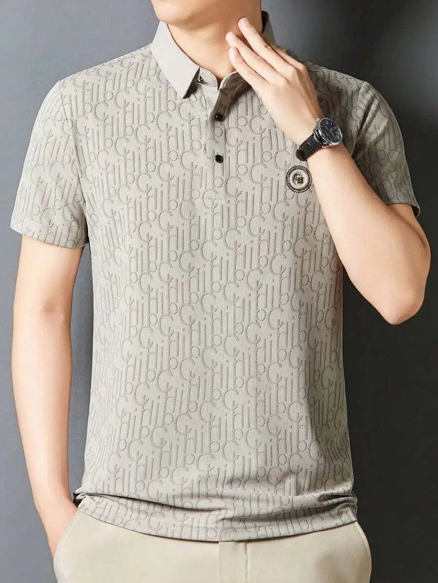 Men's Lightweight Waffle-Textured Letter Print Polo Shirt, Casual Turn-Down Collar