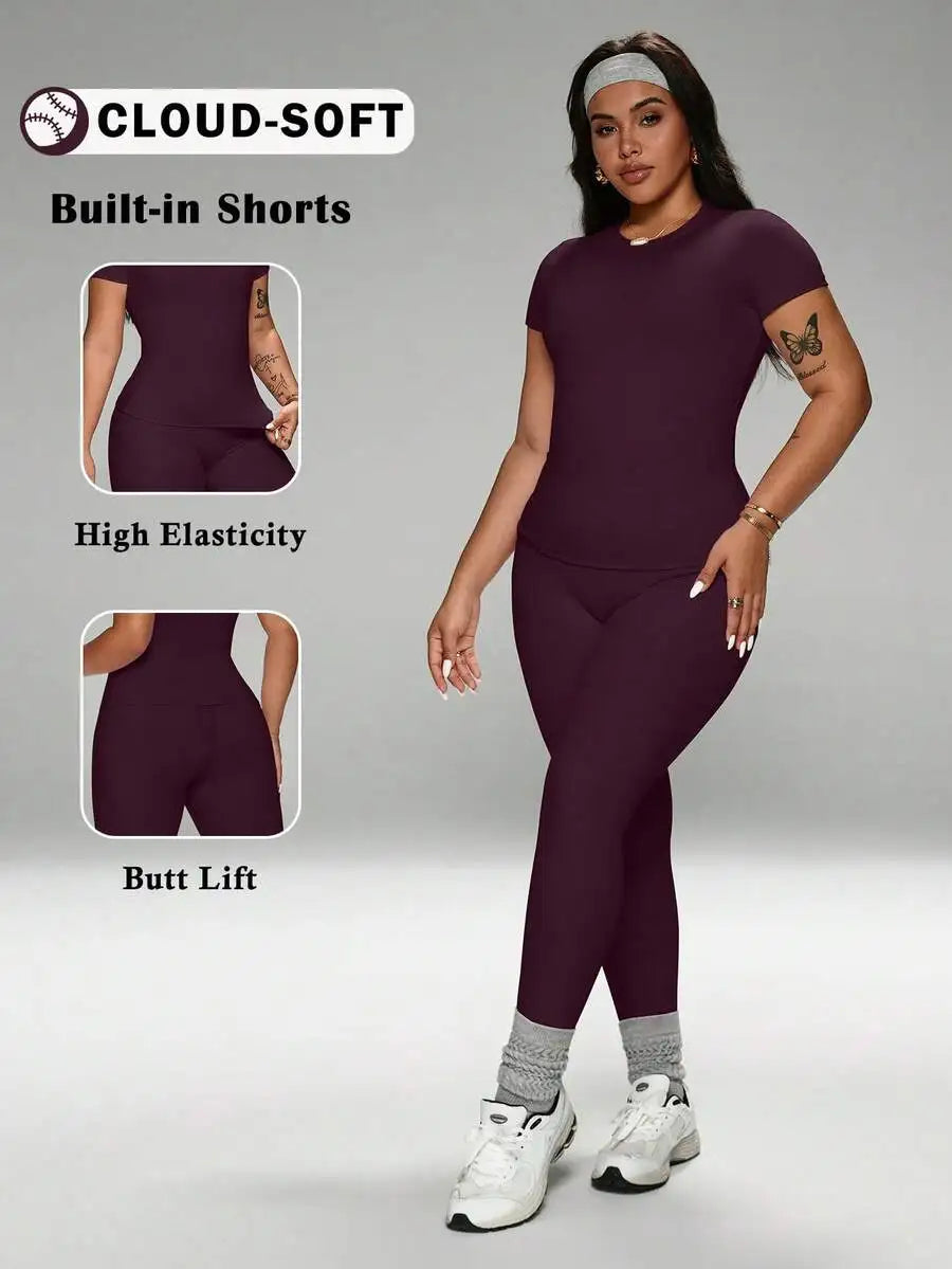 Cloud-Soft 2-Piece Activewear Set High-Waist Yoga Leggings Crew Neck Tee Plus Size Stretchy Sportswear