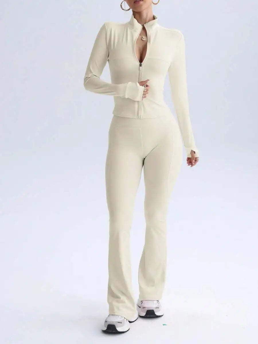 Women Solid Seamless Sports Set Elastic Jacket With Butt Lifting Leggings
