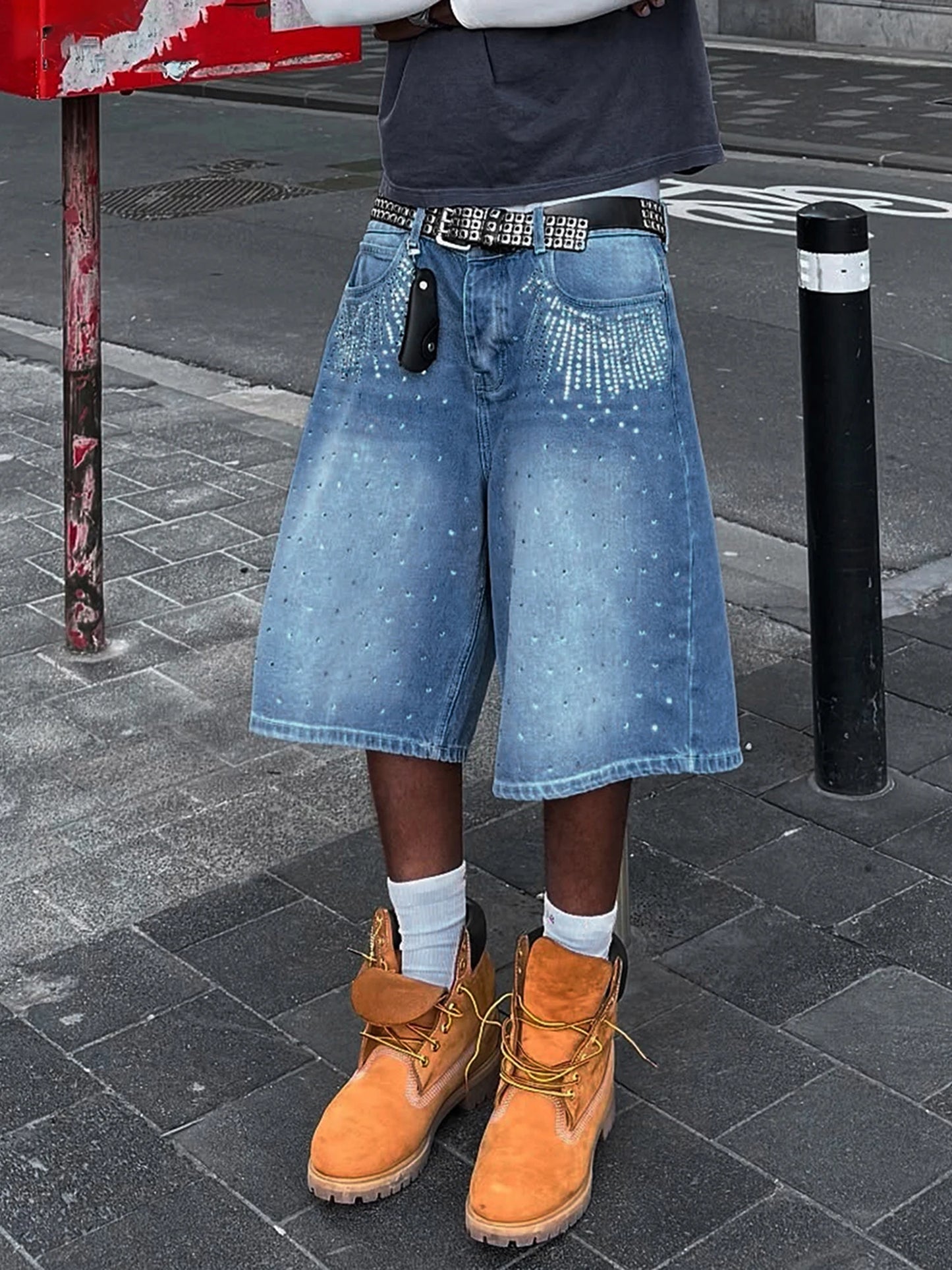 Mens Knee Length Denim Shorts With Distressed Detailing Frayed Hem