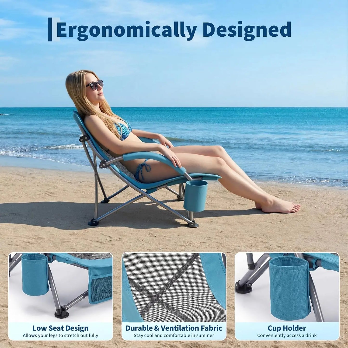 HiMISS High Back Beach Chair Folding With Cup Holder