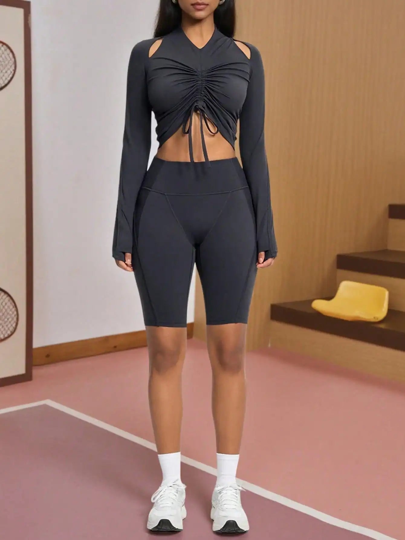 Fisoew Womens Long Sleeve Ruched Tops Workout Slim Fit Cropped Drawstring Shirts Gym Yoga Outfits