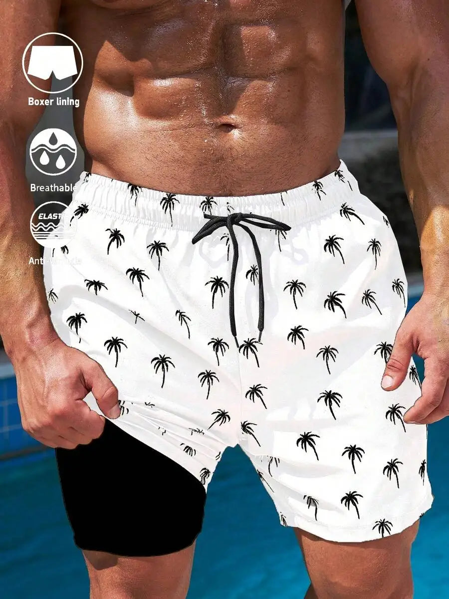 Palm Tree Print Drawstring Beach Shorts For Men Beachwear Holiday