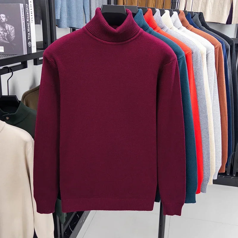 Autumn Mens High Quality Knitted Turtleneck Sweater Slim Fit Long Sleeve Anti-pilling Pullover Solid Color Trend Men Streetwea