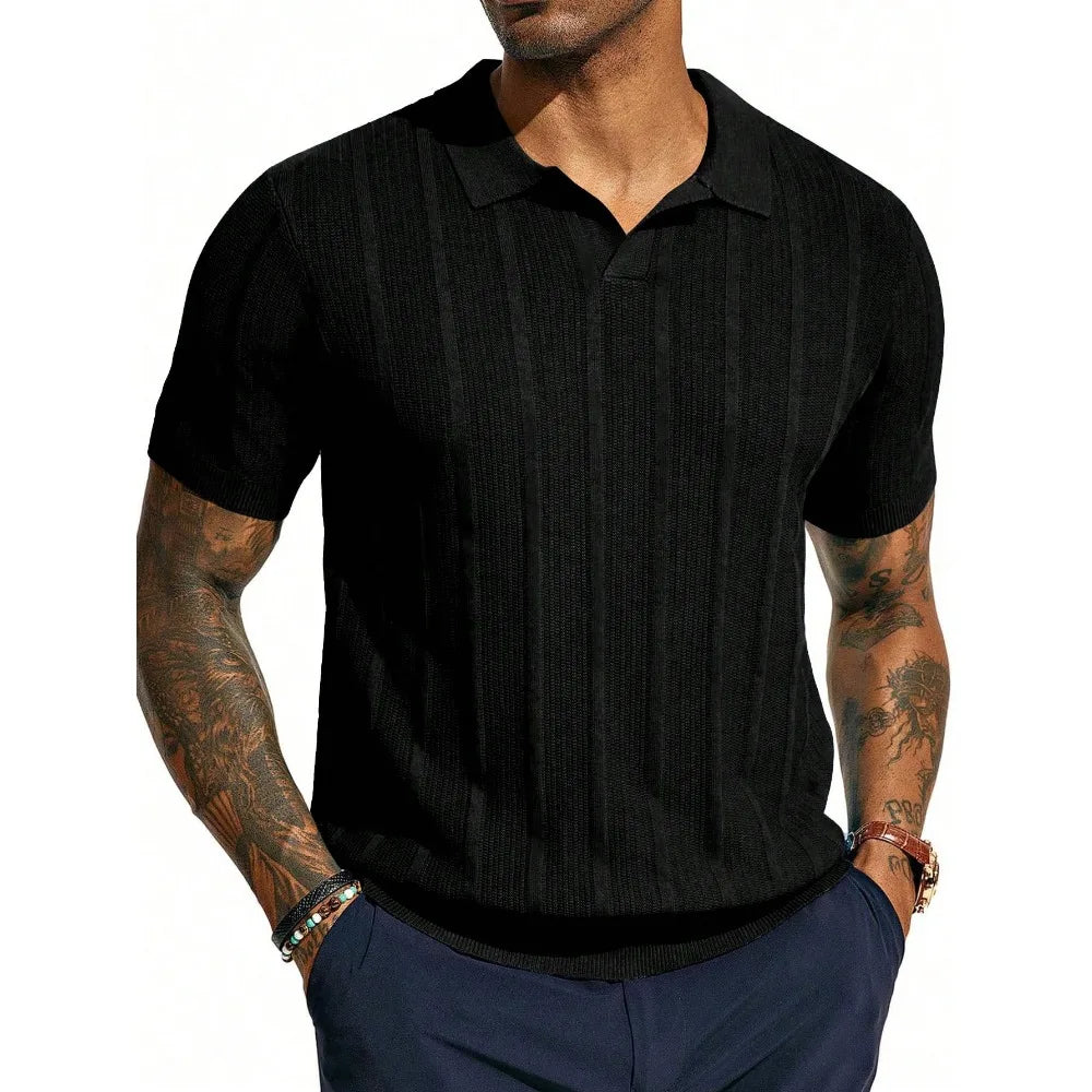 Men's Navy Blue Short - Sleeve Knitted Polo Shirt - Vertical Ribbed Pattern - Comfortable And Stylish For Daily And Smart - Casual Wear
