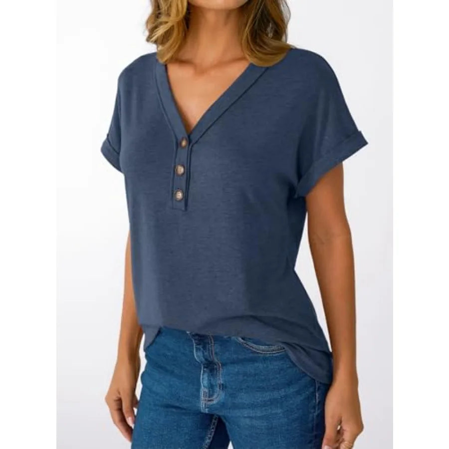 Women Short Sleeve V Neck Henley T Shirt Top Loose Fit Dressy Summer Casual