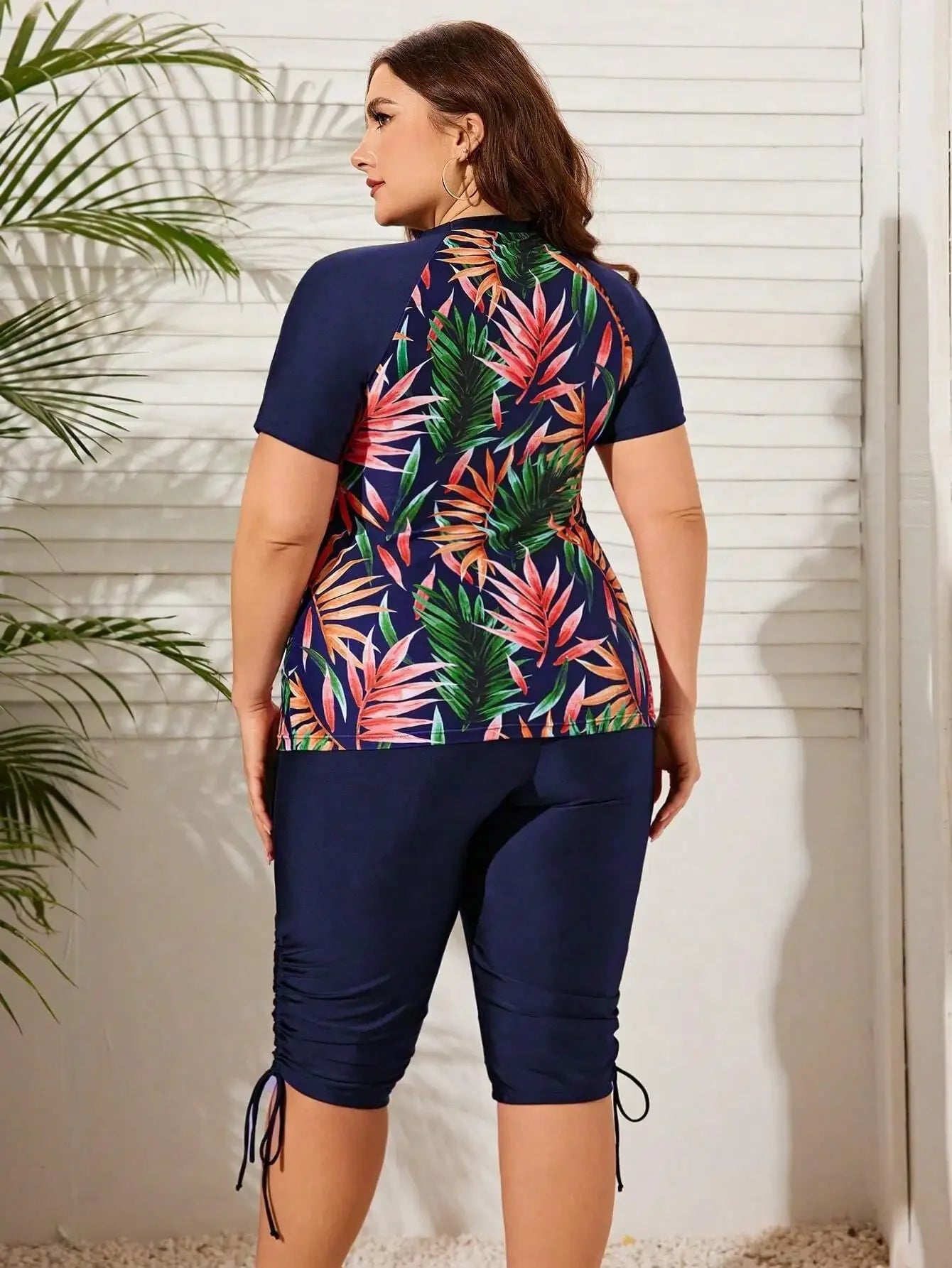 Women Rashguard Set Tropical Print For Summer Beach