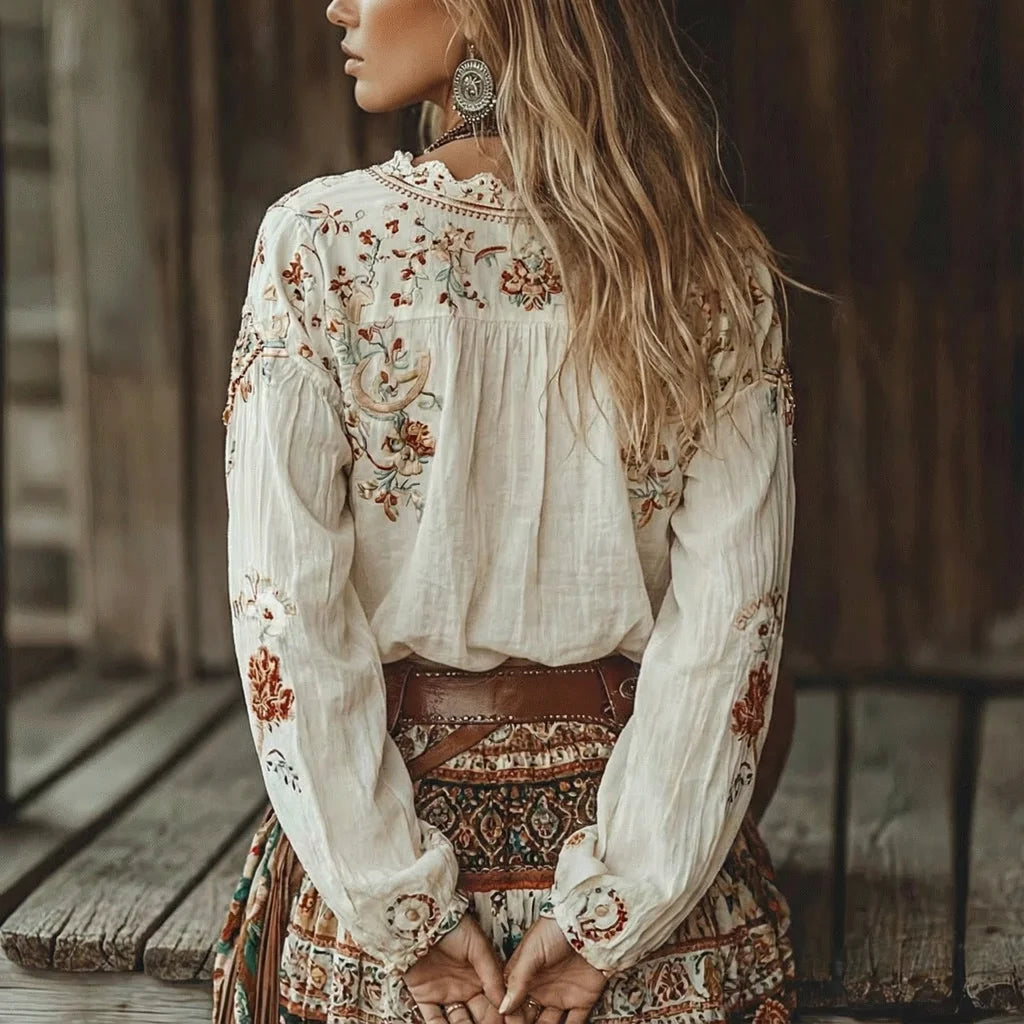 Boho Floral Blouse for Women Tassel Tie Puff Sleeve