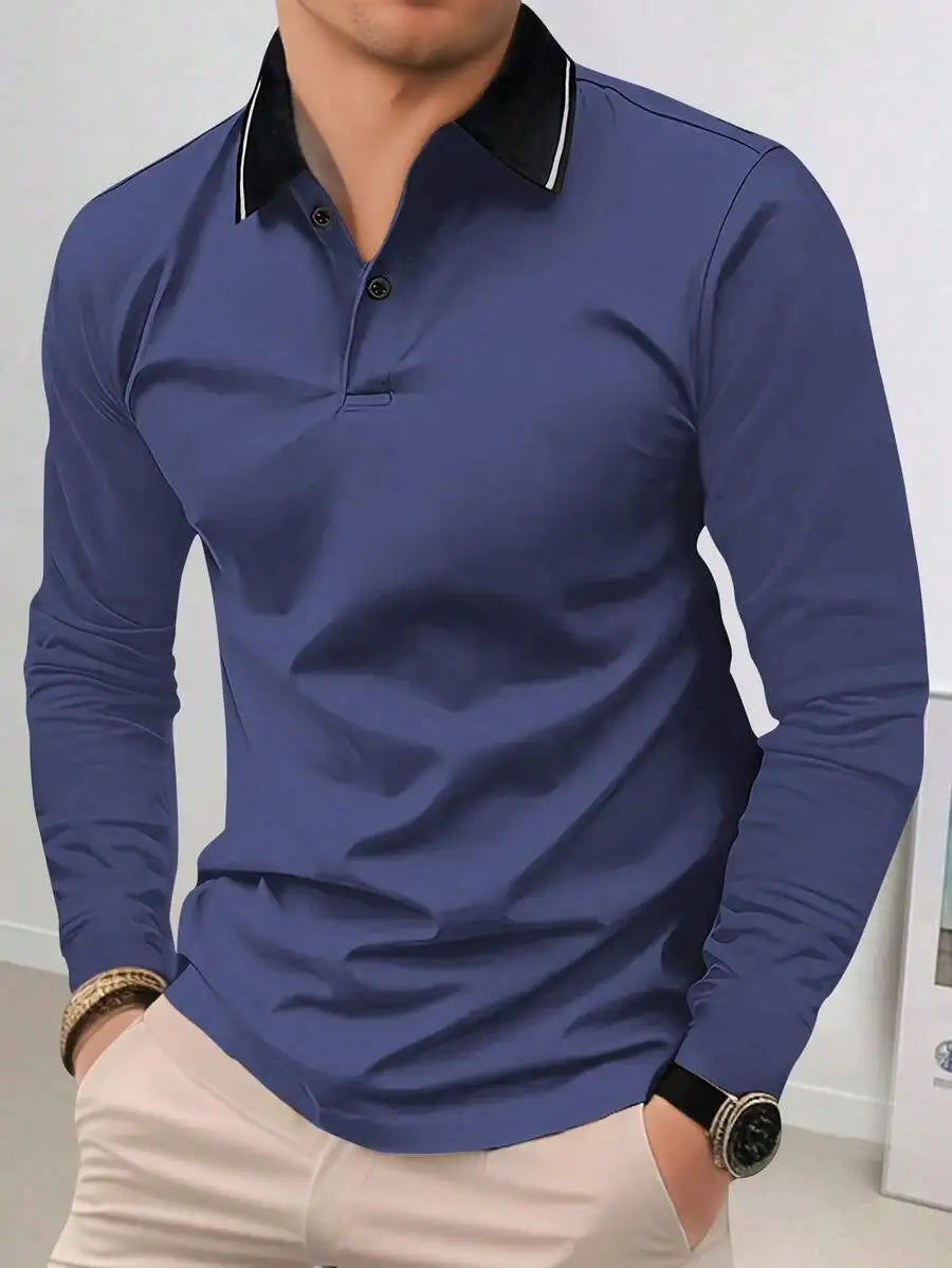 Men's Black Long Sleeve Polo Shirt, Regular Fit, Lightweight Casual Top for Spring Autumn