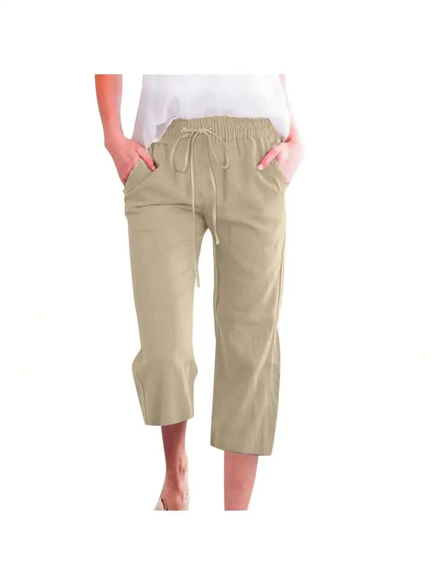 Womens Summer Elastic High Waist Linen Cotton Blend Drawstring Capris