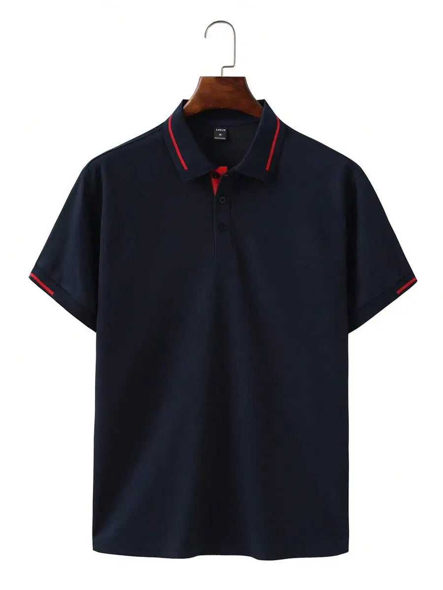 Navy Blue Men's Polo Shirt with Red Trim Collar and Cuffs, Short Sleeve Casual Summer Top