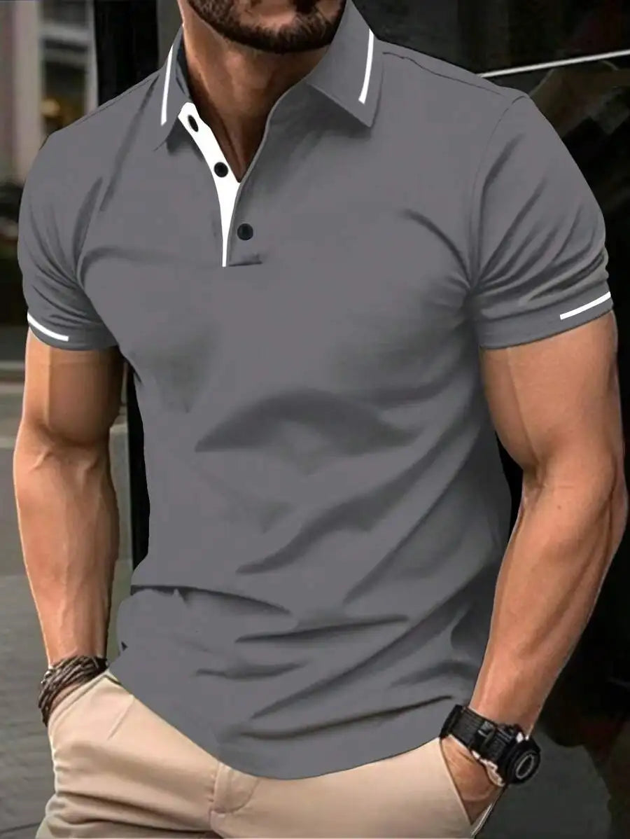 Navy Blue Men's Polo Shirt with Red Trim Collar and Cuffs, Short Sleeve Casual Summer Top