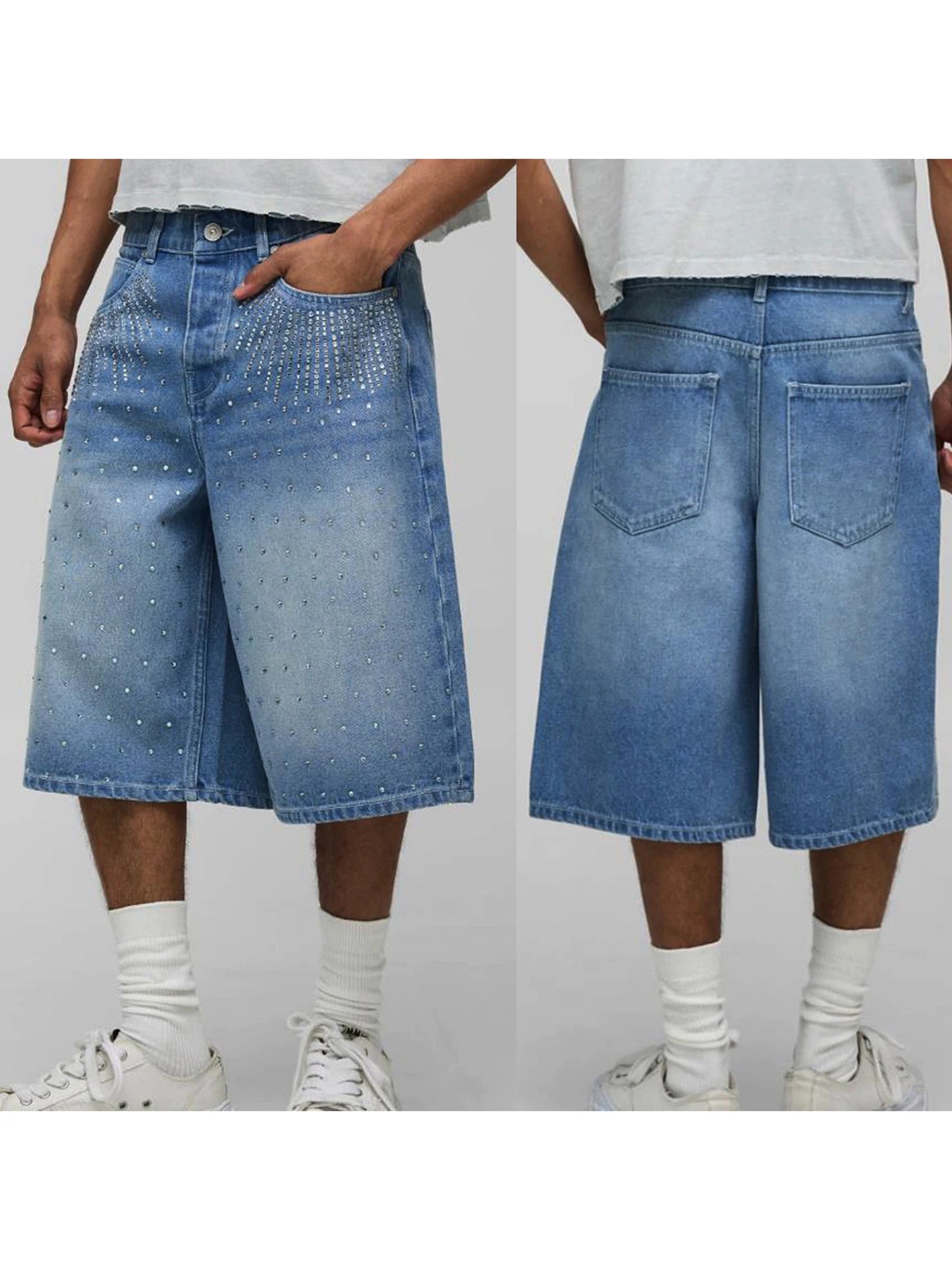 Mens Knee Length Denim Shorts With Distressed Detailing Frayed Hem