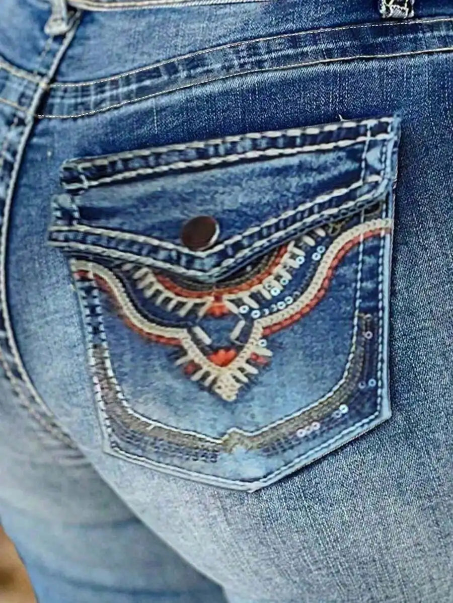 Relaxed Fit Denim Jeans With Embroidered Back Pocket Y2K