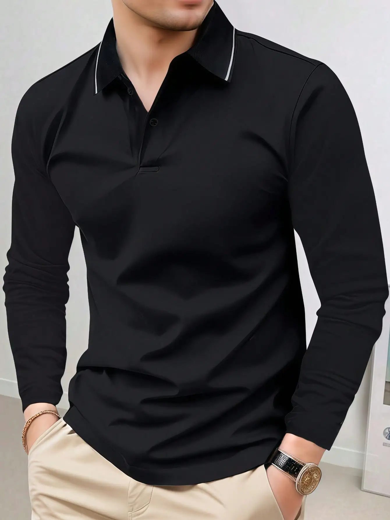 Men's Black Long Sleeve Polo Shirt, Regular Fit, Lightweight Casual Top for Spring Autumn