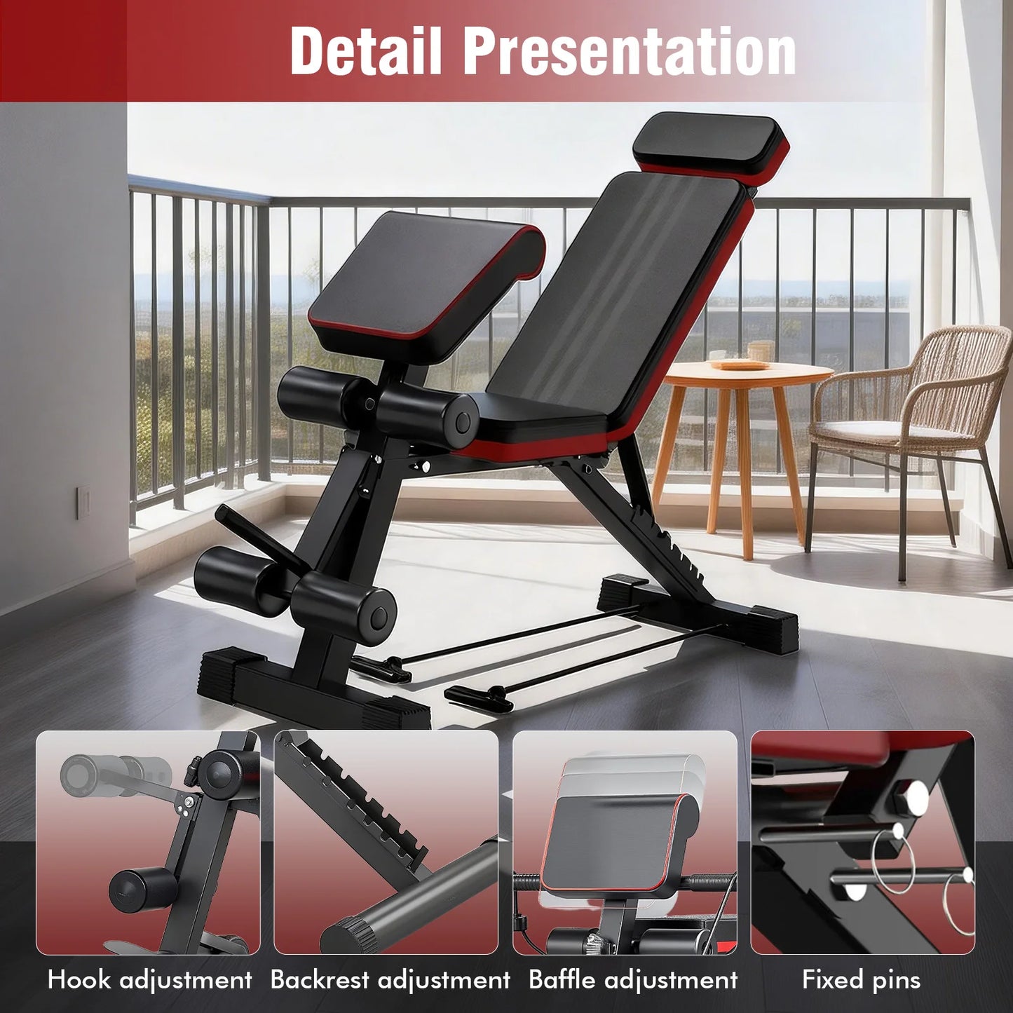 Foldable 7 Level Adjustable Weight Bench With Extended Headrest And Incline