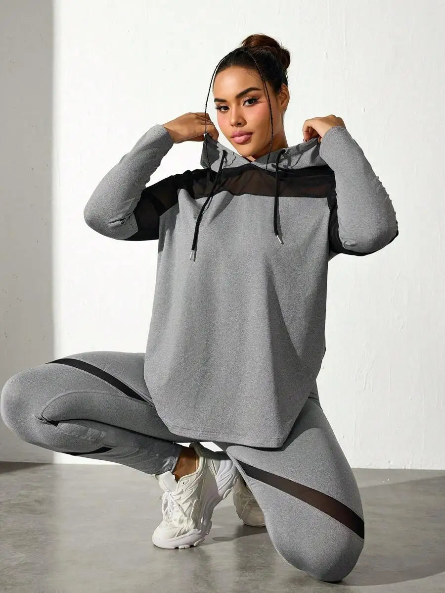 Plus Size Mesh Splice Hooded Sheer Long Sleeve Top And Leggings Activewear Set