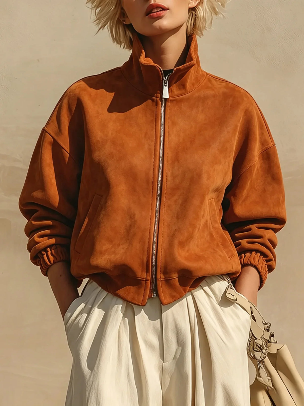 Women's Retro Suede Style Stand Collar Zipper Jacket Cinched Sleeves
