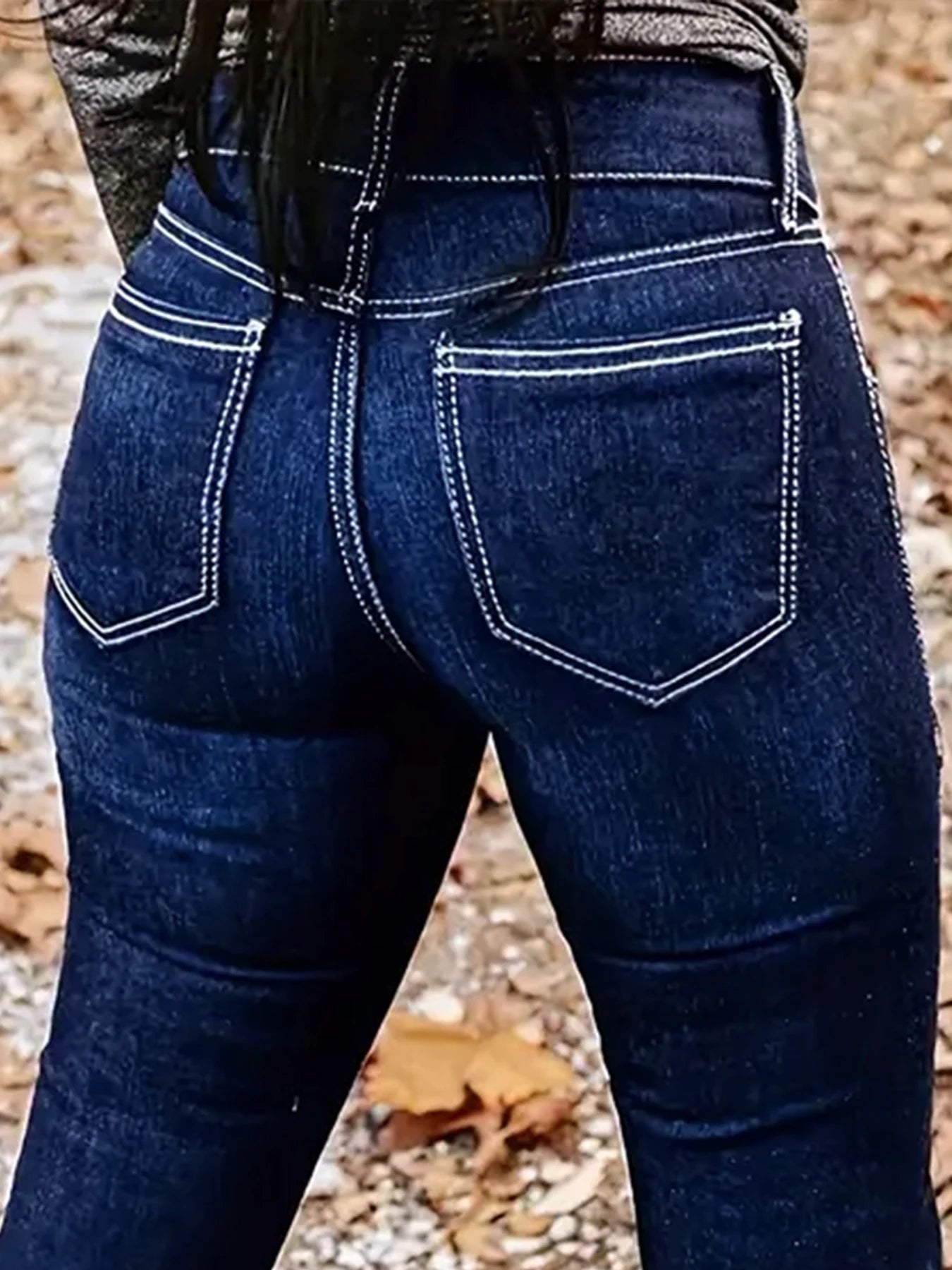Plus Size Women's Blue Flare Jeans, Double Row Decorative Buttons, Contrast Stitching, Stretchy Denim Pants for Casual Style