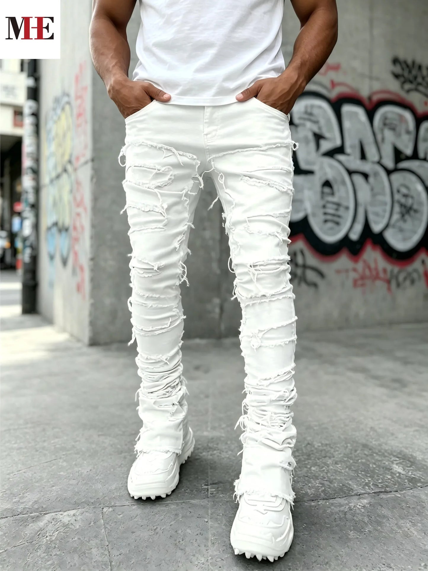 HME Men's White Denim Stacked Ripped Slim Flared Jeans