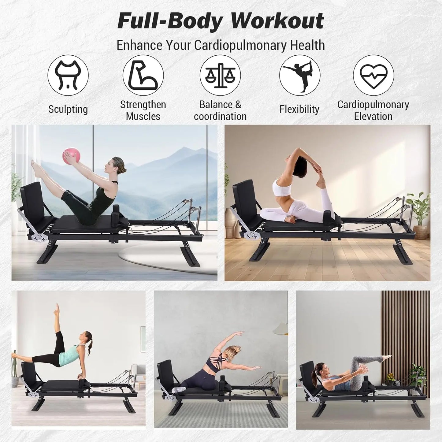 HiMISS Foldable Reformer Pilates Machine With Adjustable Resistance Levels