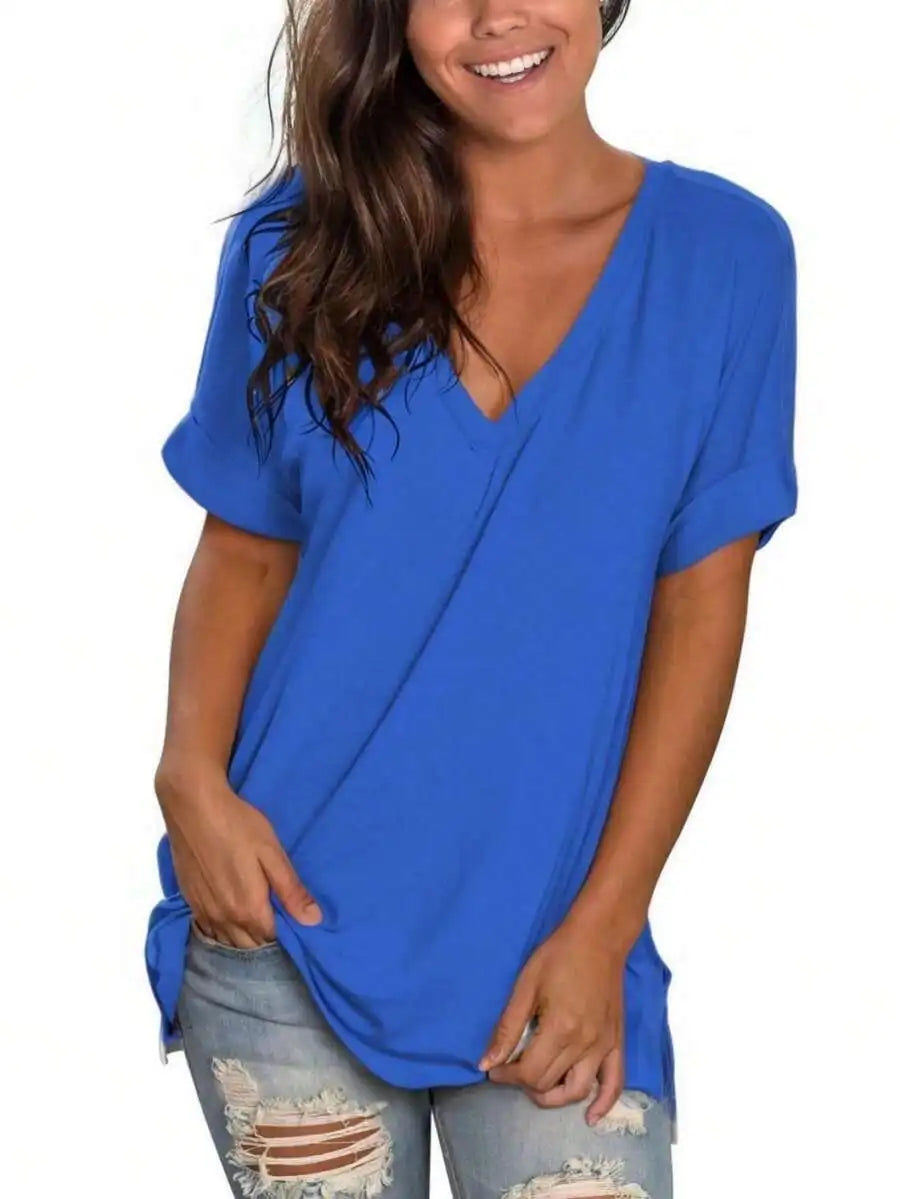 Womens Casual V Neck Short Sleeve Loose Summer Tunic
