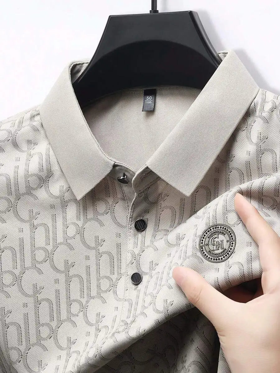 Men's Lightweight Waffle-Textured Letter Print Polo Shirt, Casual Turn-Down Collar