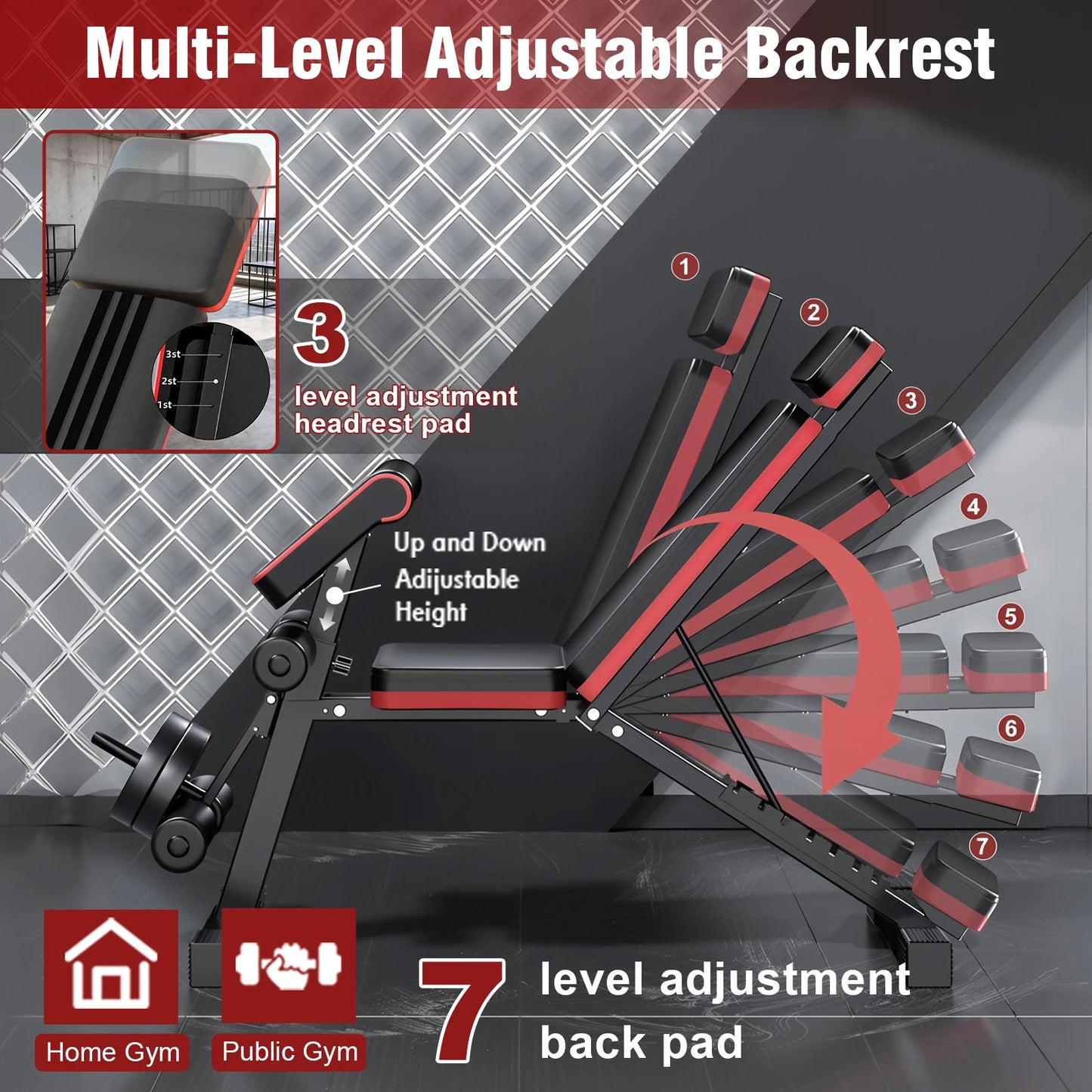 Foldable 7 Level Adjustable Weight Bench With Extended Headrest And Incline
