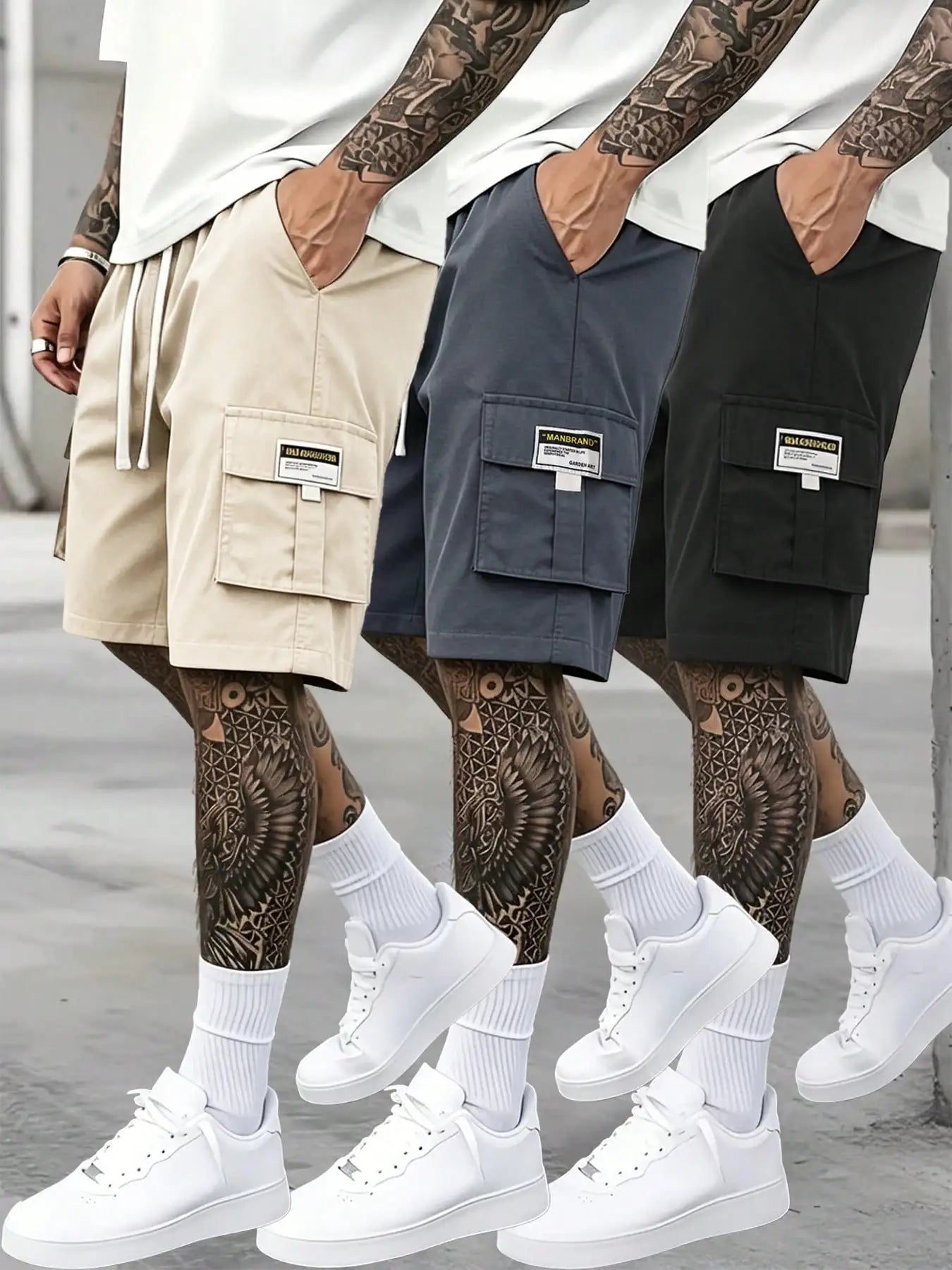 3-Pack Of Men's Casual Summer Shorts, 6-Pocket Men's Multi-Pocket Shorts, Elastic Waistband With Drawstring Design, 3D Patch Pockets, Cargo Pockets, Casual And Stylish Shorts.