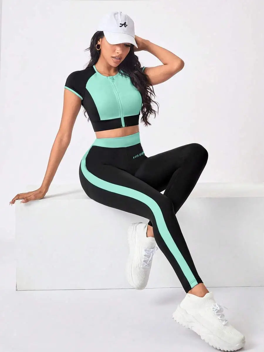 Contrast Color Short Sleeve Crop Top And High Waist Leggings Sport Set For Women