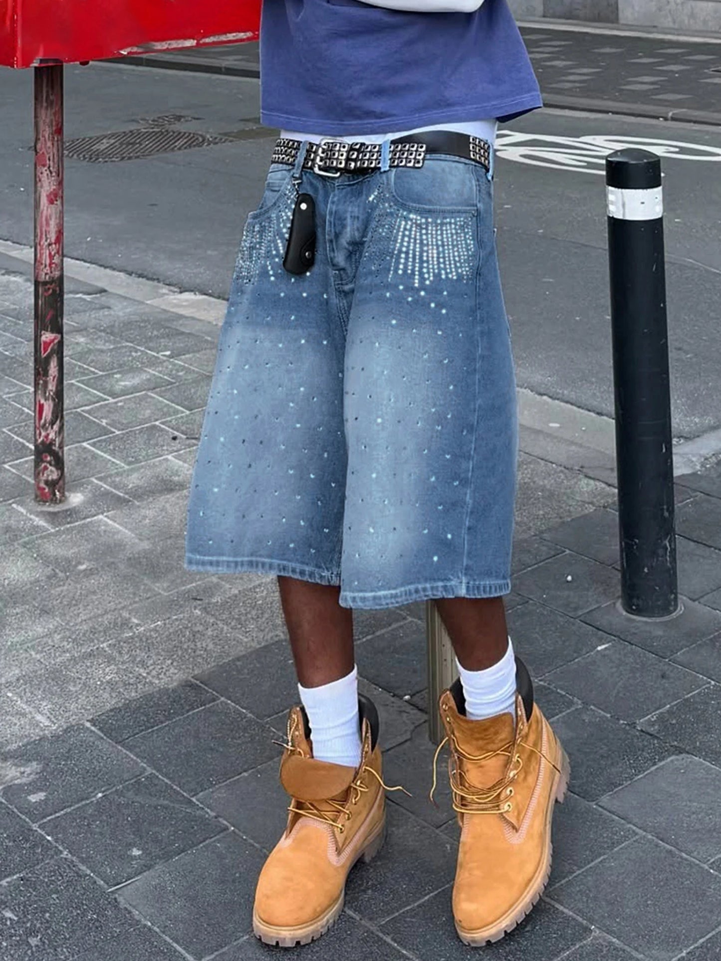 Mens Knee Length Denim Shorts With Distressed Detailing Frayed Hem