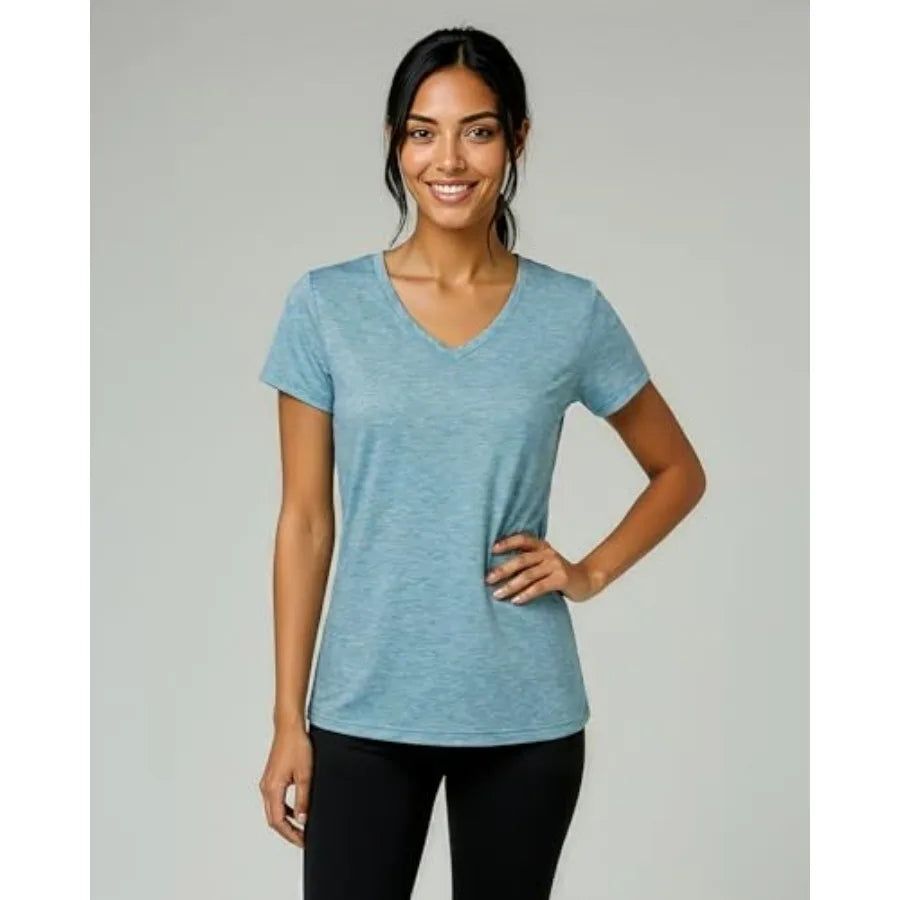 Real Essentials 5 Pack: Women's Dry-Fit Short Sleeve V Neck T Shirt Workout Fitness Yoga Top Tee Available in