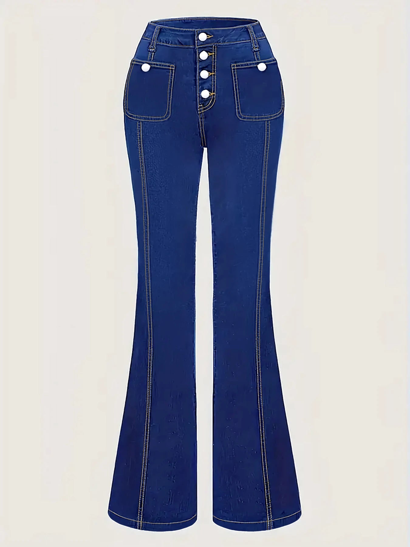 Plus Size Women's Dark Blue Flare Jeans, Multi Button Waist, Patch Pockets, Contrast Stitch High Stretch Retro Denim Pants
