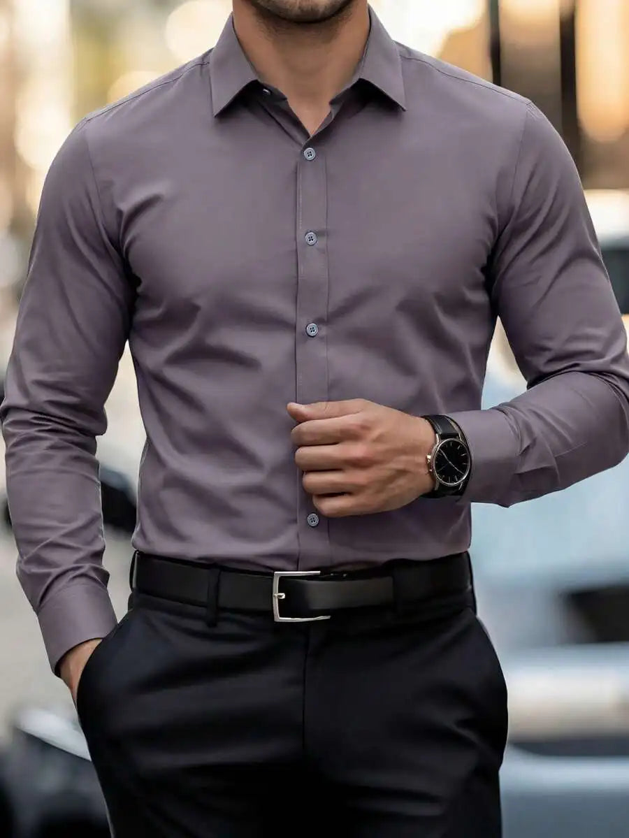 Solid Color Long Sleeve Casual Shirt For Men With Turn Down Collar