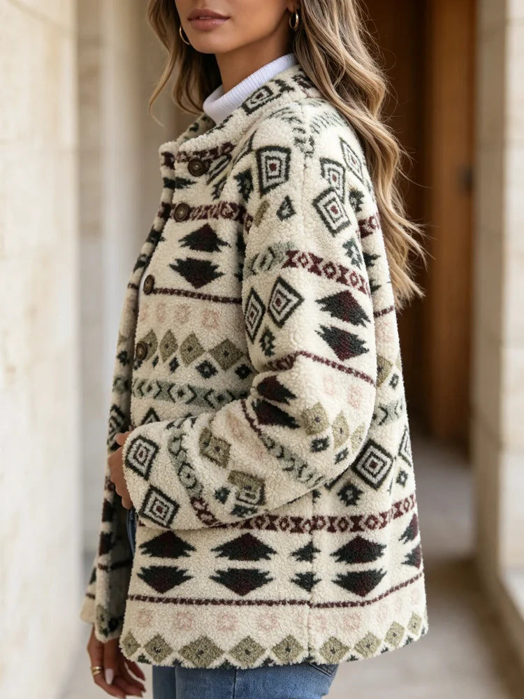 Women's Fleece Winter Jacket with Windproof Design and Button Closure