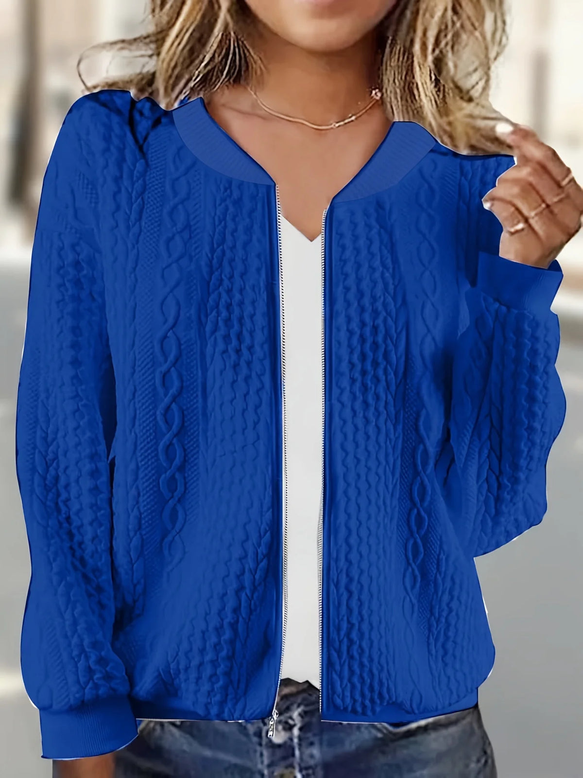 Women Cable Knit Zip Front Cardigan Top For Daily Wear
