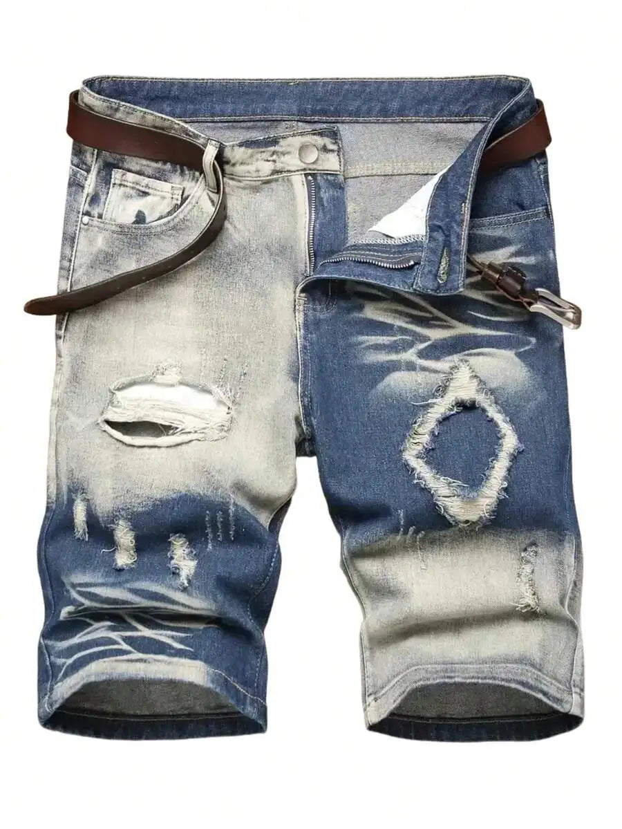 Men's Distressed Denim Shorts Slim Fit Mid Rise Casual