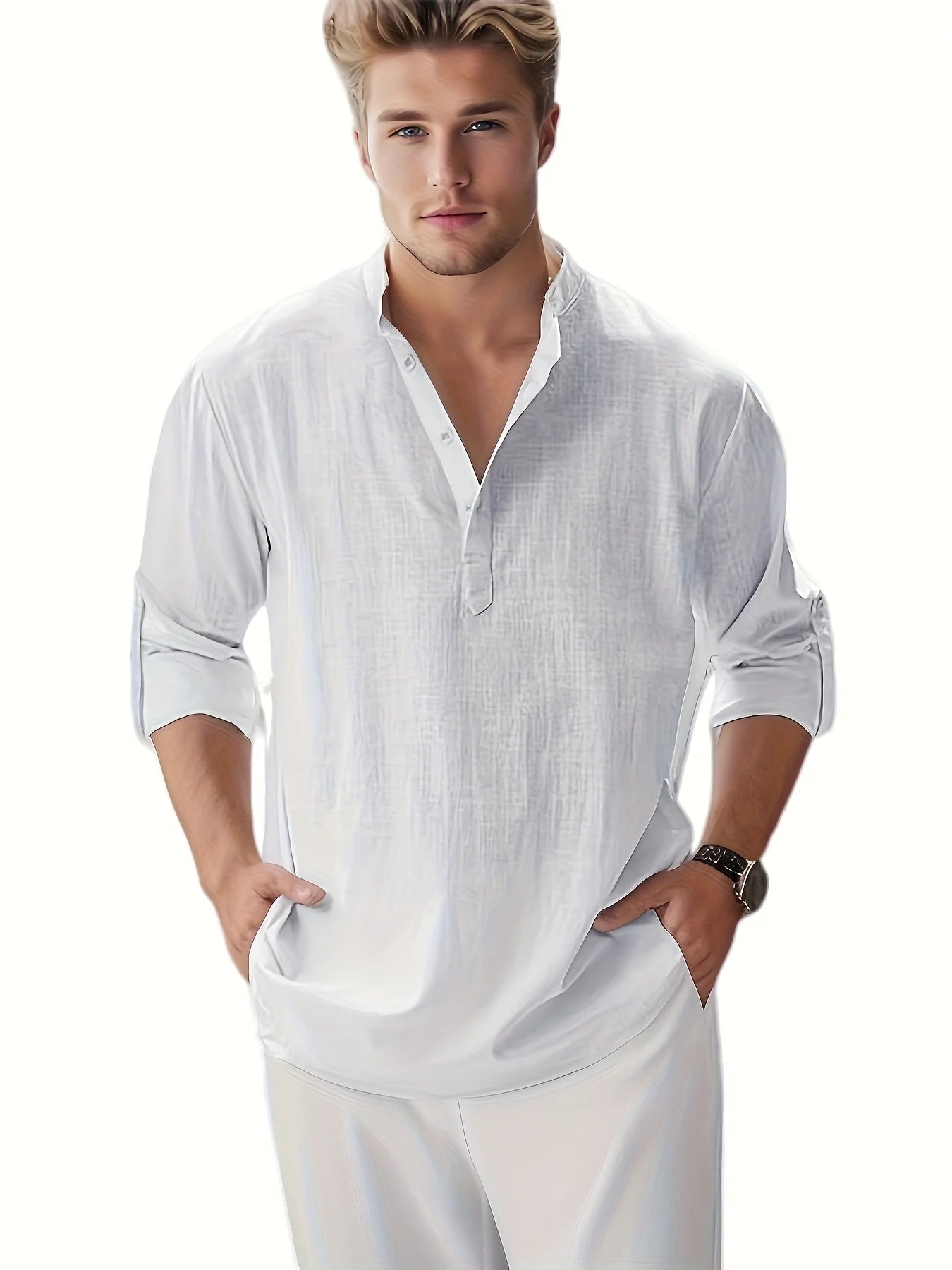 Men's Loose Fit Solid Long Sleeve Linen Collar Shirt