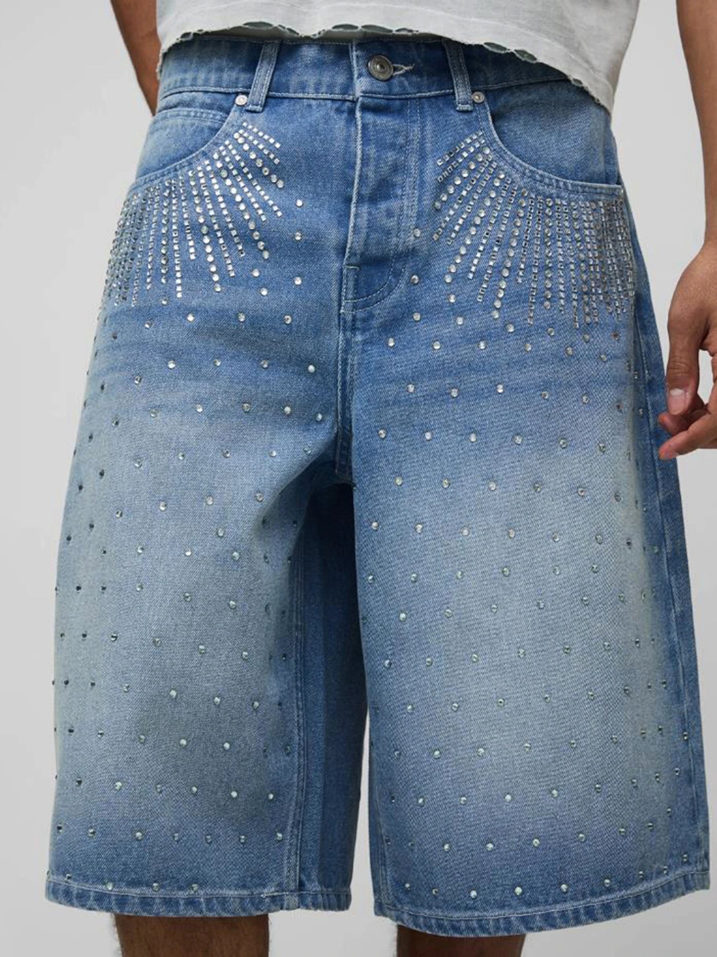 Mens Knee Length Denim Shorts With Distressed Detailing Frayed Hem