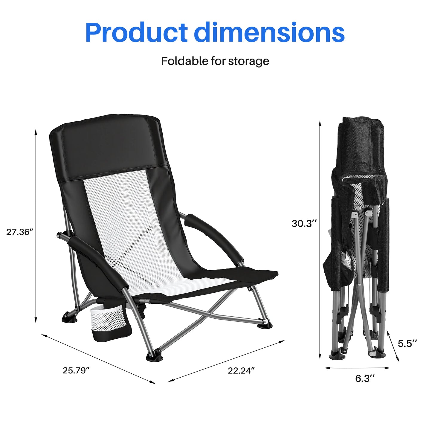 JHK Portable Folding Beach Chair With Mesh Back Cup Holder