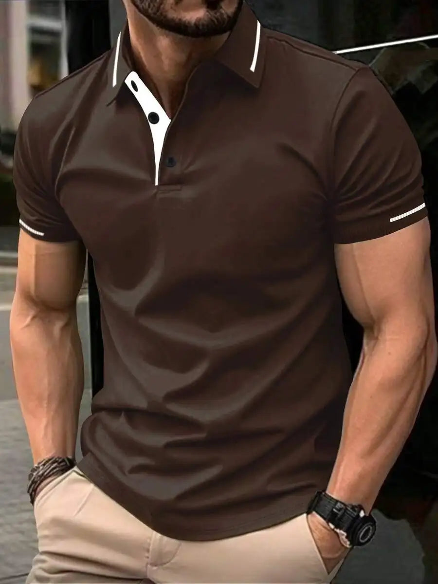 Navy Blue Men's Polo Shirt with Red Trim Collar and Cuffs, Short Sleeve Casual Summer Top